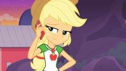 Size: 3410x1920 | Tagged: safe, imported from derpibooru, screencap, applejack, equestria girls, equestria girls series, rollercoaster of friendship, applejack's hat, cellphone, clothes, cowboy hat, cutie mark, cutie mark on clothes, female, geode of super strength, hat, high res, jewelry, magical geodes, necklace, phone, smartphone, smiling, solo