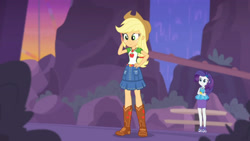 Size: 3410x1920 | Tagged: safe, imported from derpibooru, screencap, applejack, rarity, equestria girls, equestria girls series, rollercoaster of friendship, applejack's hat, belt, boots, bracelet, cellphone, clothes, cowboy boots, cowboy hat, crossed arms, denim skirt, female, geode of shielding, geode of super strength, hairpin, hand on hip, hat, high heels, high res, jewelry, magical geodes, necklace, phone, rarity peplum dress, shoes, skirt, smartphone