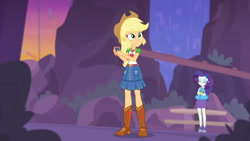 Size: 3410x1920 | Tagged: safe, imported from derpibooru, screencap, applejack, rarity, sci-twi, twilight sparkle, equestria girls, equestria girls series, rollercoaster of friendship, applejack's hat, belt, boots, bracelet, cellphone, clothes, cowboy boots, cowboy hat, crossed arms, denim skirt, eyes closed, female, geode of shielding, geode of super strength, glasses, hairpin, hat, high heels, high res, jewelry, magical geodes, necklace, phone, ponytail, rarity peplum dress, shoes, skirt, smartphone