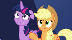 Size: 1280x720 | Tagged: safe, imported from derpibooru, screencap, applejack, twilight sparkle, alicorn, earth pony, pony, season 9, the beginning of the end, spoiler:s09, annoyed, applejack is not amused, cropped, duo, duo female, female, floppy ears, frown, gritted teeth, mare, twilight sparkle (alicorn), unamused, worried