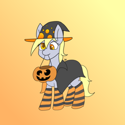 Size: 2200x2200 | Tagged: safe, artist:zachc, imported from derpibooru, derpy hooves, pegasus, pony, clothes, gradient background, halloween, hat, high res, holiday, pumpkin bucket, socks, solo, striped socks, witch costume, witch hat
