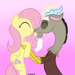 Size: 3600x3600 | Tagged: safe, artist:blinkshake, imported from derpibooru, discord, fluttershy, draconequus, pegasus, pony, boop, discoshy, eyes closed, female, g4, gradient background, high res, holding a pony, male, mare, noseboop, nuzzling, shipping, smiling, straight