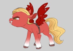 Size: 1008x710 | Tagged: safe, artist:woollyart, imported from derpibooru, sprout cloverleaf, earth pony, pony, coat markings, colt, colt sprout cloverleaf, evil grin, fake wings, g5, gray background, grin, looking offscreen, male, my little pony: a new generation, simple background, smiling, socks (coat markings), solo