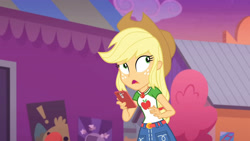 Size: 3410x1920 | Tagged: safe, imported from derpibooru, screencap, applejack, equestria girls, equestria girls series, rollercoaster of friendship, applejack's hat, belt, cellphone, clothes, cowboy hat, cutie mark, cutie mark on clothes, denim skirt, female, geode of super strength, hat, high res, jewelry, magical geodes, necklace, open mouth, phone, skirt, smartphone, solo