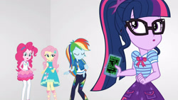 Size: 3410x1920 | Tagged: safe, imported from derpibooru, screencap, fluttershy, pinkie pie, rainbow dash, sci-twi, twilight sparkle, equestria girls, equestria girls series, rollercoaster of friendship, :o, bowtie, cellphone, clothes, cutie mark, cutie mark on clothes, eyes closed, female, geode of fauna, geode of sugar bombs, geode of super speed, geode of telekinesis, glasses, hairpin, high res, hoodie, jewelry, magical geodes, necklace, open mouth, phone, ponytail, smartphone, tanktop