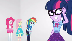 Size: 3410x1920 | Tagged: safe, imported from derpibooru, screencap, fluttershy, pinkie pie, rainbow dash, sci-twi, twilight sparkle, equestria girls, equestria girls series, rollercoaster of friendship, bowtie, clothes, cutie mark, cutie mark on clothes, female, geode of fauna, geode of sugar bombs, geode of super speed, geode of telekinesis, glasses, grin, high res, hoodie, jewelry, magical geodes, necklace, ponytail, smiling, tanktop