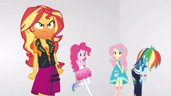 Size: 3410x1920 | Tagged: safe, imported from derpibooru, screencap, fluttershy, pinkie pie, rainbow dash, sunset shimmer, equestria girls, equestria girls series, rollercoaster of friendship, angry, clothes, crossed arms, cutie mark, cutie mark on clothes, eyes closed, female, geode of empathy, geode of fauna, geode of sugar bombs, geode of super speed, hairpin, high res, hoodie, jacket, jewelry, leather, leather jacket, magical geodes, necklace, rageset shimmer, tanktop