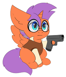 Size: 2501x2914 | Tagged: safe, artist:pegamutt, imported from derpibooru, oc, oc only, oc:glorious morning, alicorn, pony, :l, alicorn oc, blank flank, chibi, clothes, commission, delet this, glasses, gun, high res, horn, male, simple background, sitting, solo, stallion, transparent background, weapon, wings, ych result