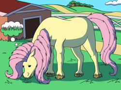 Size: 1024x763 | Tagged: safe, artist:sergeant16bit, imported from derpibooru, fluttershy, pony, commission, earth pony fluttershy, eating, farm, female, feral, grass, grazing, herbivore, hoers, horses doing horse things, mare, missing wing, onomatopoeia, solo, species swap, thought bubble, unshorn fetlocks