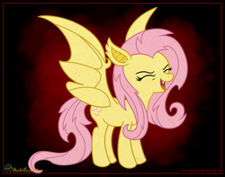 Size: 3214x2530 | Tagged: safe, artist:meckelfoxstudio, imported from derpibooru, fluttershy, bat pony, pony, bat ponified, eeee, eyes closed, fangs, female, flutterbat, flutteryay, high res, mare, open mouth, open smile, race swap, smiling, solo, spread wings, wings, yay