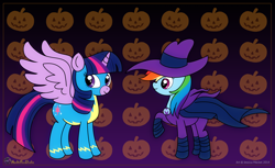 Size: 3836x2340 | Tagged: safe, artist:meckelfoxstudio, imported from derpibooru, mare do well, rainbow dash, twilight sparkle, alicorn, pegasus, pony, clothes, duo, duo female, female, halloween, high res, holiday, mare, mare do well costume, mare do well dash, pumpkin, raised hoof, twilight sparkle (alicorn), uniform, wonderbolts uniform, wondersparkle