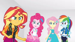 Size: 3410x1920 | Tagged: safe, imported from derpibooru, screencap, fluttershy, pinkie pie, rainbow dash, sunset shimmer, equestria girls, equestria girls series, rollercoaster of friendship, clothes, cutie mark, cutie mark on clothes, female, geode of empathy, geode of fauna, geode of sugar bombs, geode of super speed, hairpin, hand on hip, high res, hoodie, jacket, jewelry, leather, leather jacket, magical geodes, necklace, open mouth, rah rah skirt, skirt, tanktop