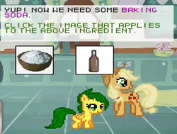 Size: 954x720 | Tagged: safe, imported from derpibooru, applejack, oc, oc:jade, earth pony, pegasus, pony, 8-bit, baking powder, bottle, female, filly, game, pixel art, sugarcube corner, super filly adventure