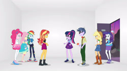Size: 3410x1920 | Tagged: safe, imported from derpibooru, screencap, applejack, fluttershy, microchips, pinkie pie, rainbow dash, rarity, sci-twi, sunset shimmer, twilight sparkle, equestria girls, equestria girls series, rollercoaster of friendship, applejack's hat, belt, boots, bowtie, bracelet, clothes, cowboy boots, cowboy hat, cutie mark, cutie mark on clothes, denim skirt, female, geode of empathy, geode of shielding, geode of sugar bombs, geode of super speed, geode of super strength, geode of telekinesis, glasses, hairpin, hat, high res, hoodie, humane five, humane seven, humane six, jacket, jewelry, leather, leather jacket, magical geodes, male, necklace, open mouth, ponytail, rarity peplum dress, shoes, skirt, tanktop