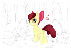 Size: 1344x960 | Tagged: safe, artist:gela-g-i-s-gela, imported from derpibooru, apple bloom, earth pony, pony, female, filly, forest, sketch, solo, wip