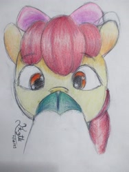 Size: 3072x4096 | Tagged: safe, artist:itztlid, imported from derpibooru, apple bloom, earth pony, pony, boop, female, filly, offscreen character, ponytober, pov, traditional art