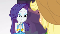 Size: 3410x1920 | Tagged: safe, imported from derpibooru, screencap, applejack, rarity, equestria girls, equestria girls series, rollercoaster of friendship, applejack's hat, bracelet, cowboy hat, female, hairpin, hat, high res, jewelry, rarity peplum dress, smiling