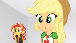 Size: 3410x1920 | Tagged: safe, imported from derpibooru, screencap, applejack, sunset shimmer, equestria girls, equestria girls series, rollercoaster of friendship, :o, applejack's hat, clothes, cowboy hat, cutie mark, cutie mark on clothes, female, geode of empathy, geode of super strength, hat, high res, jacket, jewelry, leather, leather jacket, magical geodes, necklace, open mouth