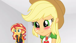 Size: 3410x1920 | Tagged: safe, imported from derpibooru, screencap, applejack, sunset shimmer, equestria girls, equestria girls series, rollercoaster of friendship, applejack's hat, blushing, clothes, cowboy hat, cute, cutie mark, cutie mark on clothes, female, geode of empathy, geode of super strength, hat, high res, jackabetes, jacket, jewelry, leather, leather jacket, magical geodes, necklace, smiling