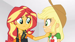 Size: 3410x1920 | Tagged: safe, imported from derpibooru, screencap, applejack, sunset shimmer, equestria girls, equestria girls series, rollercoaster of friendship, applejack's hat, clothes, cowboy hat, cutie mark, cutie mark on clothes, female, geode of empathy, geode of super strength, hat, high res, jacket, jewelry, leather, leather jacket, magical geodes, necklace