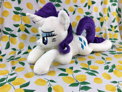 Size: 1280x960 | Tagged: safe, artist:kazzysart, imported from derpibooru, rarity, pony, irl, lidded eyes, lying down, photo, plushie, prone, solo