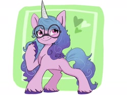 Size: 1280x959 | Tagged: safe, artist:beckydoki, imported from derpibooru, izzy moonbow, pony, unicorn, spoiler:my little pony: a new generation, g5, glasses, my little pony: a new generation, raised hoof, round glasses, solo