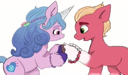 Size: 1280x754 | Tagged: safe, artist:beckydoki, imported from derpibooru, izzy moonbow, sprout cloverleaf, earth pony, pony, unicorn, bracelet, duo, female, friendship bracelet, g5, izzysprout, jewelry, male, mare, my little pony: a new generation, shipping, simple background, stallion, straight, white background