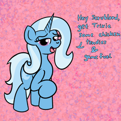 Size: 2000x2000 | Tagged: safe, artist:dafiltafish, imported from derpibooru, trixie, pony, unicorn, abstract background, high res, solo, talking in third person, text