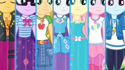 Size: 3410x1920 | Tagged: safe, imported from derpibooru, screencap, applejack, fluttershy, pinkie pie, rainbow dash, rarity, sci-twi, sunset shimmer, twilight sparkle, equestria girls, equestria girls series, rollercoaster of friendship, belt, bowtie, clothes, cutie mark, cutie mark on clothes, denim skirt, eyes closed, female, geode of empathy, geode of fauna, geode of shielding, geode of sugar bombs, geode of super speed, geode of super strength, geode of telekinesis, glasses, high res, hoodie, humane five, humane seven, humane six, jacket, jewelry, leather, leather jacket, magical geodes, necklace, rarity peplum dress, skirt, smiling, transformation