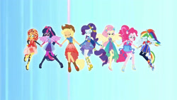 Size: 3410x1920 | Tagged: safe, imported from derpibooru, screencap, applejack, fluttershy, pinkie pie, rainbow dash, rarity, sci-twi, sunset shimmer, twilight sparkle, equestria girls, equestria girls series, rollercoaster of friendship, eyes closed, female, glasses, high res, humane five, humane seven, humane six, ponied up, ponytail, sandals, shoes, smiling, sneakers, wings