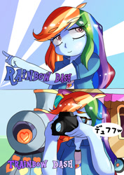 Size: 724x1023 | Tagged: safe, artist:araiiara123, imported from derpibooru, rainbow dash, equestria girls, camera, female, pointing, train