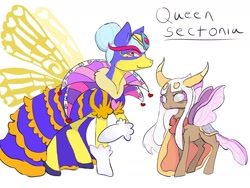 Size: 1280x960 | Tagged: safe, artist:beckydoki, imported from derpibooru, part of a set, changedling, changeling, changedlingified, clothes, dress, duality, hair bun, horns, insect wings, kirby (series), kirby: triple deluxe, ponified, queen sectonia, scarf, simple background, white background, wings