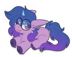 Size: 1614x1282 | Tagged: safe, artist:saveraedae, imported from derpibooru, izzy moonbow, pony, unicorn, :p, cheek fluff, chest fluff, cute, female, filly, filly izzy moonbow, g5, glasses, heart, hoof heart, izzybetes, lying down, my little pony: a new generation, solo, tongue out, underhoof, upside-down hoof heart, younger