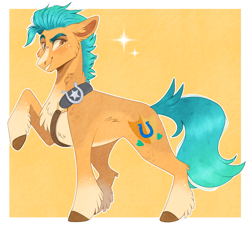 Size: 1185x1068 | Tagged: safe, artist:wanderingpegasus, imported from derpibooru, hitch trailblazer, earth pony, pony, badge, belly fluff, belt, blaze (coat marking), cheek fluff, chest fluff, coat markings, colored eyebrows, colored pupils, cute, ear fluff, facial markings, freckles, g5, grin, hitchbetes, hoof fluff, leg fluff, male, markings, my little pony: a new generation, pale belly, raised eyebrow, raised hoof, sash, sheriff's badge, signature, smiling, socks (coat markings), solo, sparkles, stallion, unshorn fetlocks, white pupils