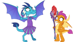 Size: 1799x1024 | Tagged: safe, edit, imported from derpibooru, vector edit, princess ember, smolder, dragon, bloodstone scepter, body swap, cheerleader, cheerleader outfit, clothes, dragon lord ember, dragon lord smolder, dragoness, duo, duo female, eye color change, fanfic, fanfic art, female, freaky friday, role reversal, shocked, simple background, transparent background, vector, white background, wings