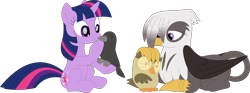 Size: 3578x1331 | Tagged: safe, artist:porygon2z, imported from derpibooru, owlowiscious, twilight sparkle, oc, oc:raiza, bird, crow, griffon, unicorn, simple background, transparent background, unicorn twilight