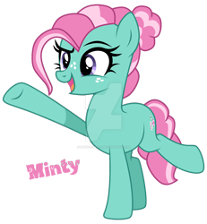 Size: 1280x1387 | Tagged: safe, artist:hate-love12, artist:mint-light, imported from derpibooru, minty, earth pony, pony, base used, deviantart watermark, female, g3, g3 to g4, g4, generation leap, mare, obtrusive watermark, open mouth, raised hoof, simple background, smiling, solo, transparent background, watermark