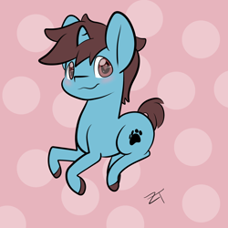 Size: 3000x3000 | Tagged: safe, artist:zombietator, imported from derpibooru, oc, oc only, oc:wolfie, pony, unicorn, blushing, colored hooves, high res, horn, male, polka dot background, smiling, solo, stallion, unicorn oc