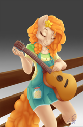 Size: 1626x2493 | Tagged: safe, alternate version, artist:cuervo-of-cristal, imported from derpibooru, pear butter, anthro, earth pony, background removed, clothes, eyes closed, female, flower, flower in hair, gradient background, guitar, musical instrument, overalls, signature, smiling