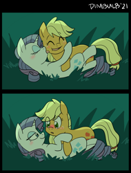 Size: 1472x1940 | Tagged: safe, artist:dimbulb, imported from derpibooru, applejack, rarity, earth pony, pony, unicorn, bedroom eyes, blushing, can you feel the love tonight, cute, elton john, face licking, female, jackabetes, lesbian, licking, licking cheeks, lidded eyes, raribetes, rarijack, scene interpretation, shipping, the lion king