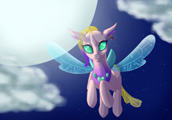 Size: 1960x1369 | Tagged: safe, artist:cuervo-of-cristal, imported from derpibooru, oc, oc only, changedling, changeling, changedling oc, changeling oc, cloud, ear piercing, female, flying, full moon, moon, outdoors, piercing, solo