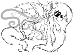 Size: 3296x2401 | Tagged: safe, artist:beamybutt, imported from derpibooru, oc, oc only, pegasus, pony, black sclera, ear fluff, high res, hoof fluff, horns, lineart, male, monochrome, pegasus oc, solo, stallion, wings