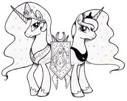 Size: 800x636 | Tagged: safe, artist:emfen, imported from derpibooru, princess celestia, princess luna, alicorn, pony, duo, grayscale, ink drawing, monochrome, royal sisters, siblings, simple background, sisters, traditional art, transparent background, watermark
