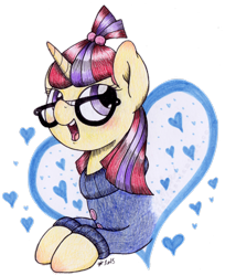 Size: 2212x2712 | Tagged: safe, artist:emfen, imported from derpibooru, moondancer, pony, unicorn, clothes, cute, glasses, heart, heart background, high res, lightly watermarked, open mouth, open smile, simple background, smiling, solo, sweater, traditional art, transparent background, watermark