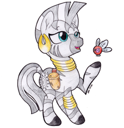 Size: 800x828 | Tagged: safe, artist:emfen, imported from derpibooru, zecora, parasprite, pony, zebra, bag, bracelet, ear piercing, earring, female, jewelry, lightly watermarked, mare, neck rings, piercing, quadrupedal, raised hoof, saddle bag, simple background, solo, traditional art, transparent background, watermark