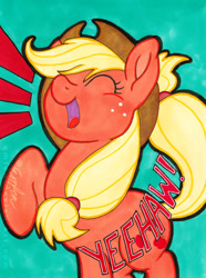 Size: 800x1077 | Tagged: safe, artist:emfen, imported from derpibooru, applejack, earth pony, pony, eyes closed, lightly watermarked, open mouth, open smile, raised hoof, smiling, solo, traditional art, watermark, yeehaw