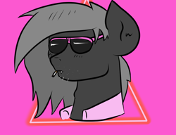 Size: 1000x768 | Tagged: safe, artist:tranzmuteproductions, imported from derpibooru, oc, oc only, bat pony, pony, bat pony oc, bust, clothes, male, pink background, simple background, solo, stallion, sunglasses