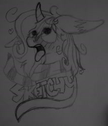Size: 1604x1870 | Tagged: safe, artist:sketchytwi, imported from derpibooru, oc, oc only, oc:sketchy, pony, unicorn, ahegao, bust, clothes, eyes rolling back, female, horn, mare, messy mane, open mouth, scarf, solo, tongue out, traditional art, unicorn oc
