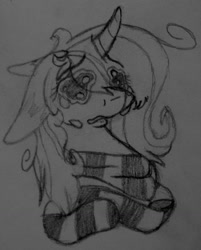 Size: 1028x1280 | Tagged: safe, artist:sketchytwi, imported from derpibooru, oc, oc only, oc:sketchy, pony, unicorn, bust, clothes, crying, female, floppy ears, horn, mare, scarf, solo, traditional art, unicorn oc
