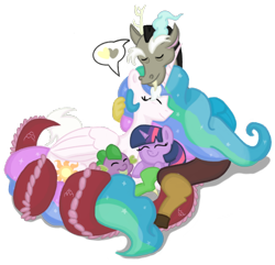 Size: 640x616 | Tagged: safe, artist:mrsegbert, imported from derpibooru, discord, princess celestia, spike, twilight sparkle, alicorn, draconequus, dragon, pony, alternate universe, baby, baby pony, baby spike, cutie mark, dislestia, eyes closed, family, female, filly, filly twilight sparkle, heart, male, momlestia, shipping, simple background, sleeping, snuggling, story in the source, story included, straight, tail, tail wrap, transparent background, younger